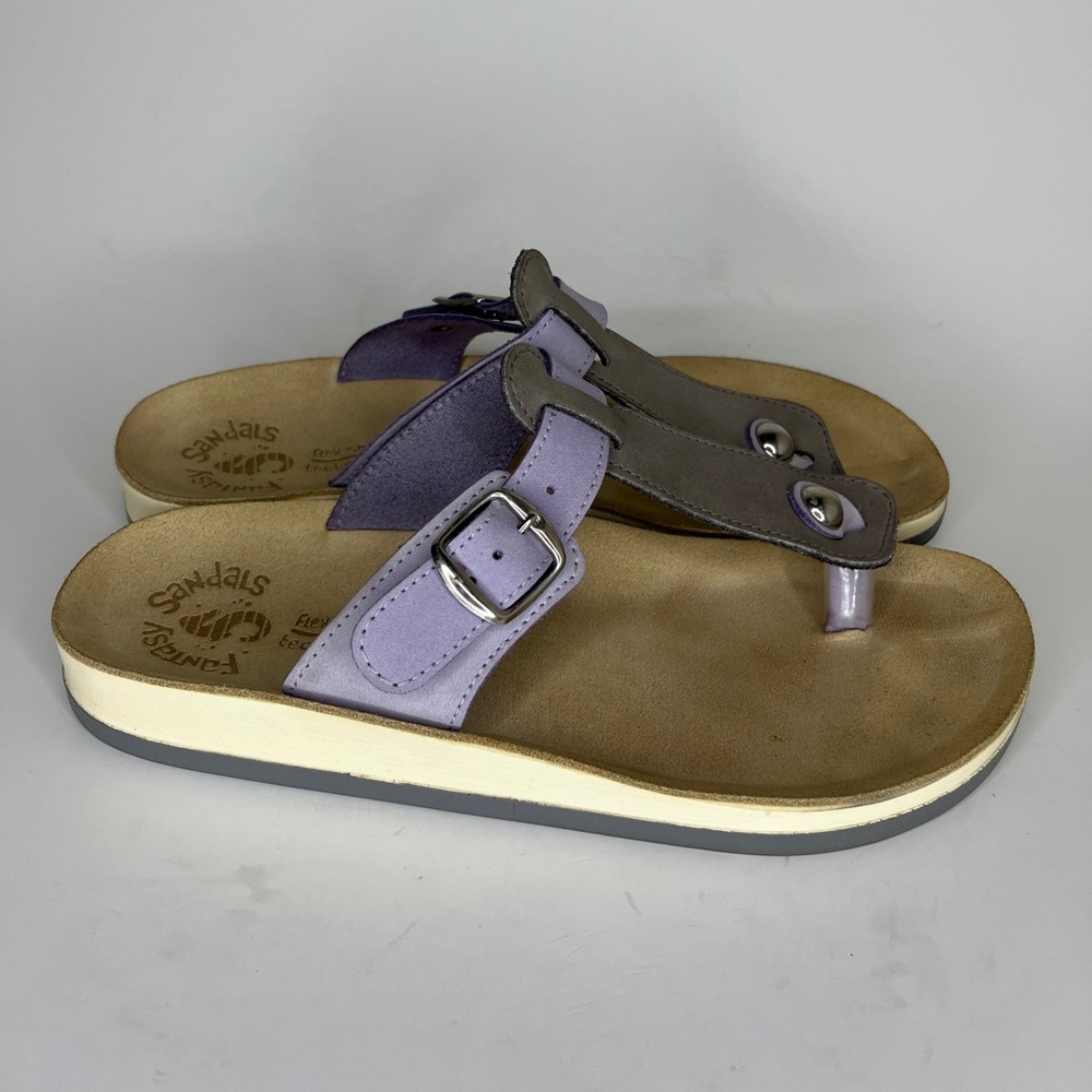 Fantasy Sandals Flip Flops Women Size 39 US 8 Purple Gray Leather Made In Greece